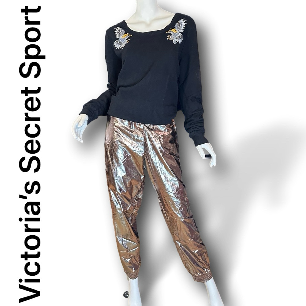 VICTORIA'S SECRET SPORT GOLD LAMÉ MC HAMMER VIBE CARGO LOUNGE JOGGERS SIZE LARGE - Picture 3 of 10